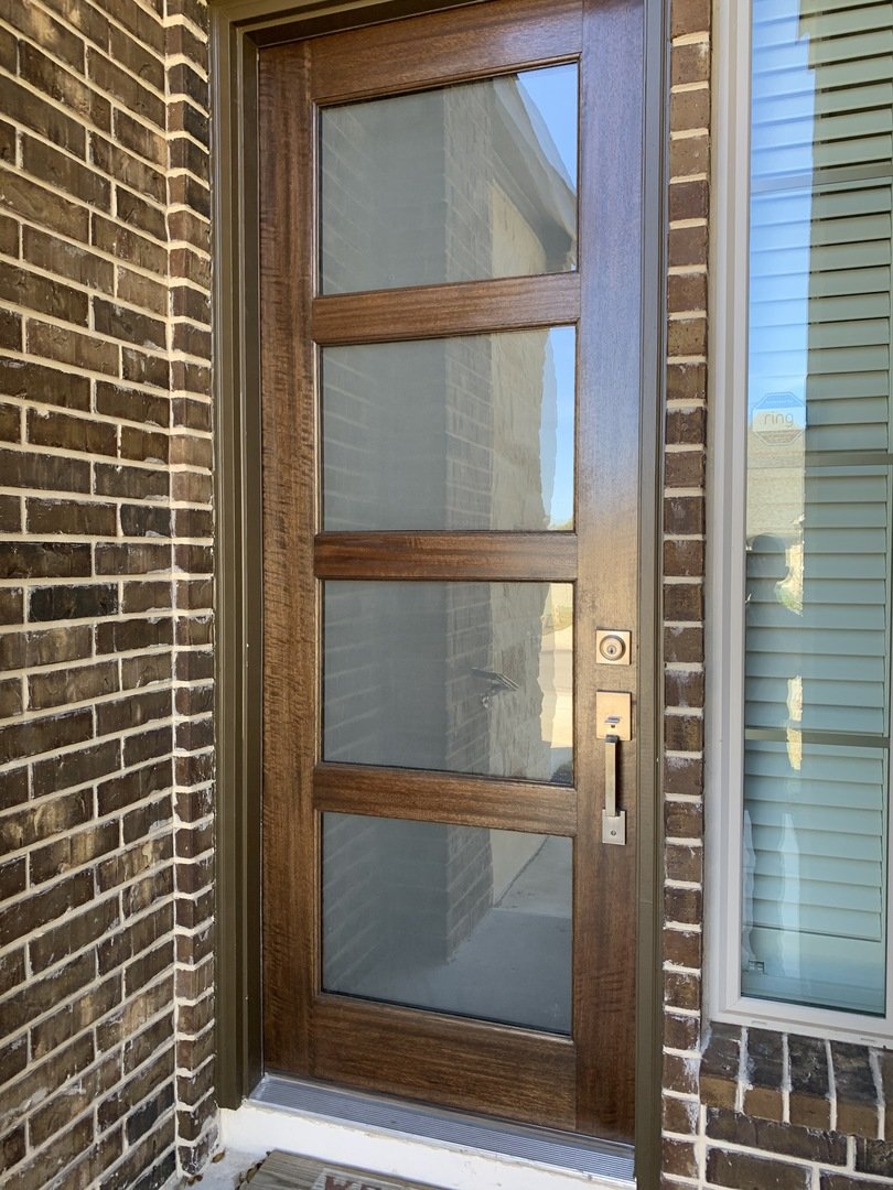 Arched interior door with SX-1002 Clear Sand Blast decorative film on diamond pane glass